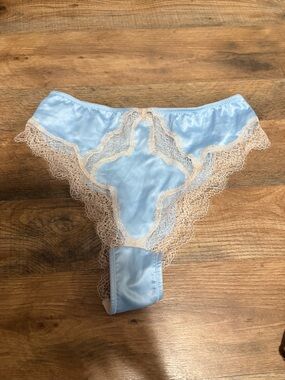 Victoria's Secret Light Blue Satin Bikini with Beige Lace Trim